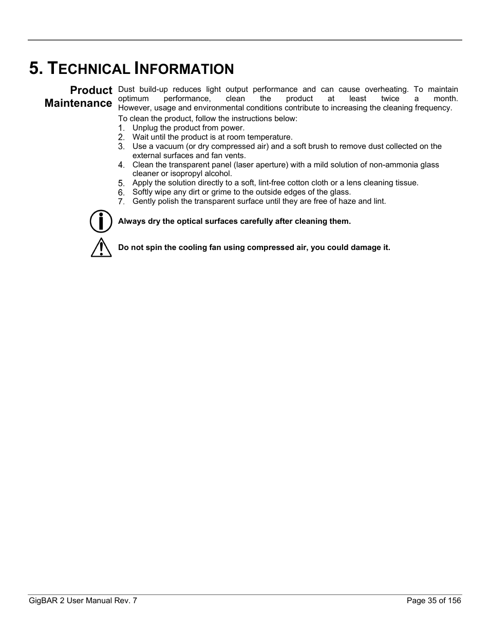 Technical information, Product maintenance, Echnical | Nformation | CHAUVET DJ GigBAR 2 All-In-One Lighting System User Manual | Page 35 / 156