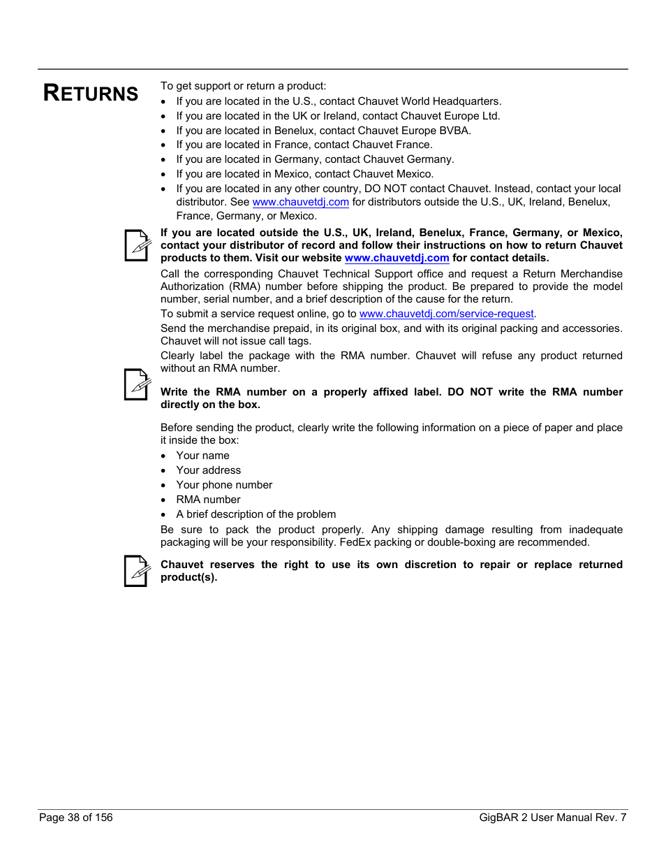 Returns, Eturns | CHAUVET DJ GigBAR 2 All-In-One Lighting System User Manual | Page 38 / 156