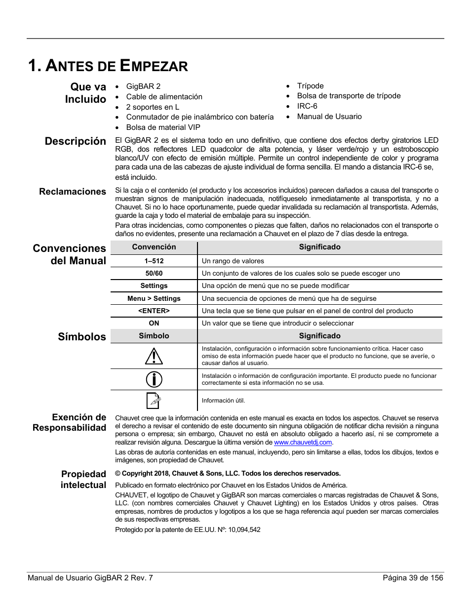 Antes de empezar, Que va incluido, Descripción | Reclamaciones, Convenciones del manual, Símbolos, Exención de responsabilidad, Propiedad intelectual, Ntes de, Mpezar | CHAUVET DJ GigBAR 2 All-In-One Lighting System User Manual | Page 39 / 156