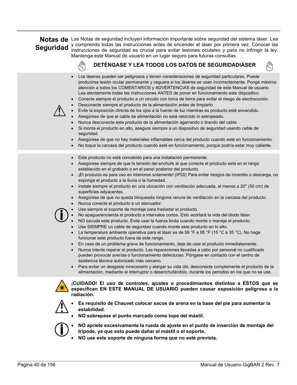 Notas de seguridad | CHAUVET DJ GigBAR 2 All-In-One Lighting System User Manual | Page 40 / 156