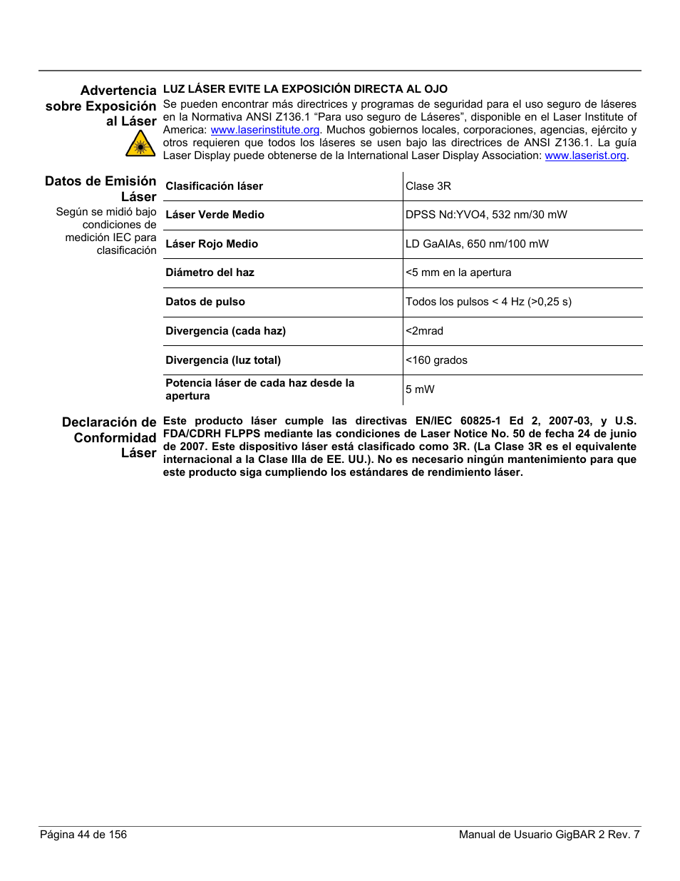 Advertencia sobre exposición al láser, Datos de emisión láser, Declaración de conformidad láser | CHAUVET DJ GigBAR 2 All-In-One Lighting System User Manual | Page 44 / 156