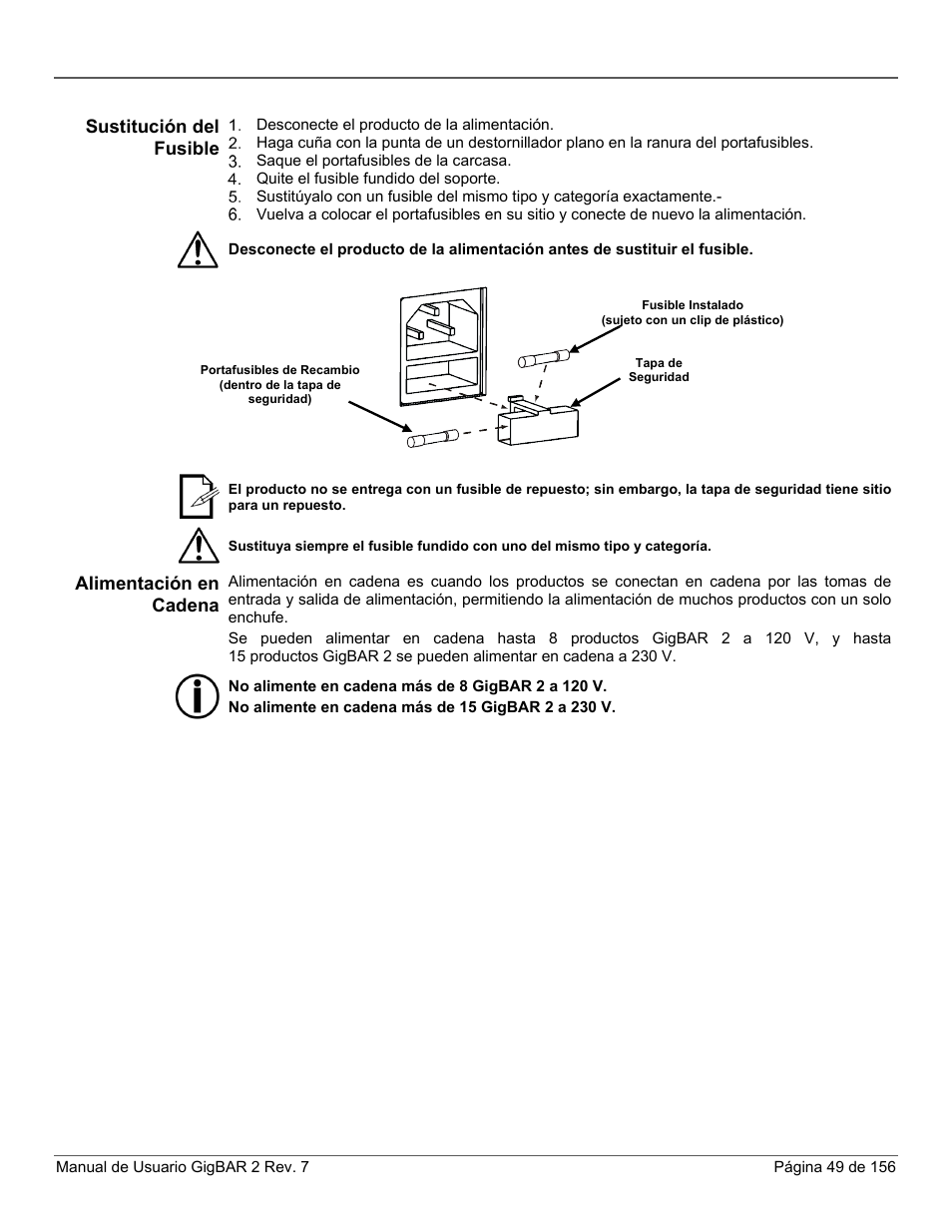 Sustitución del fusible, Alimentación en cadena | CHAUVET DJ GigBAR 2 All-In-One Lighting System User Manual | Page 49 / 156