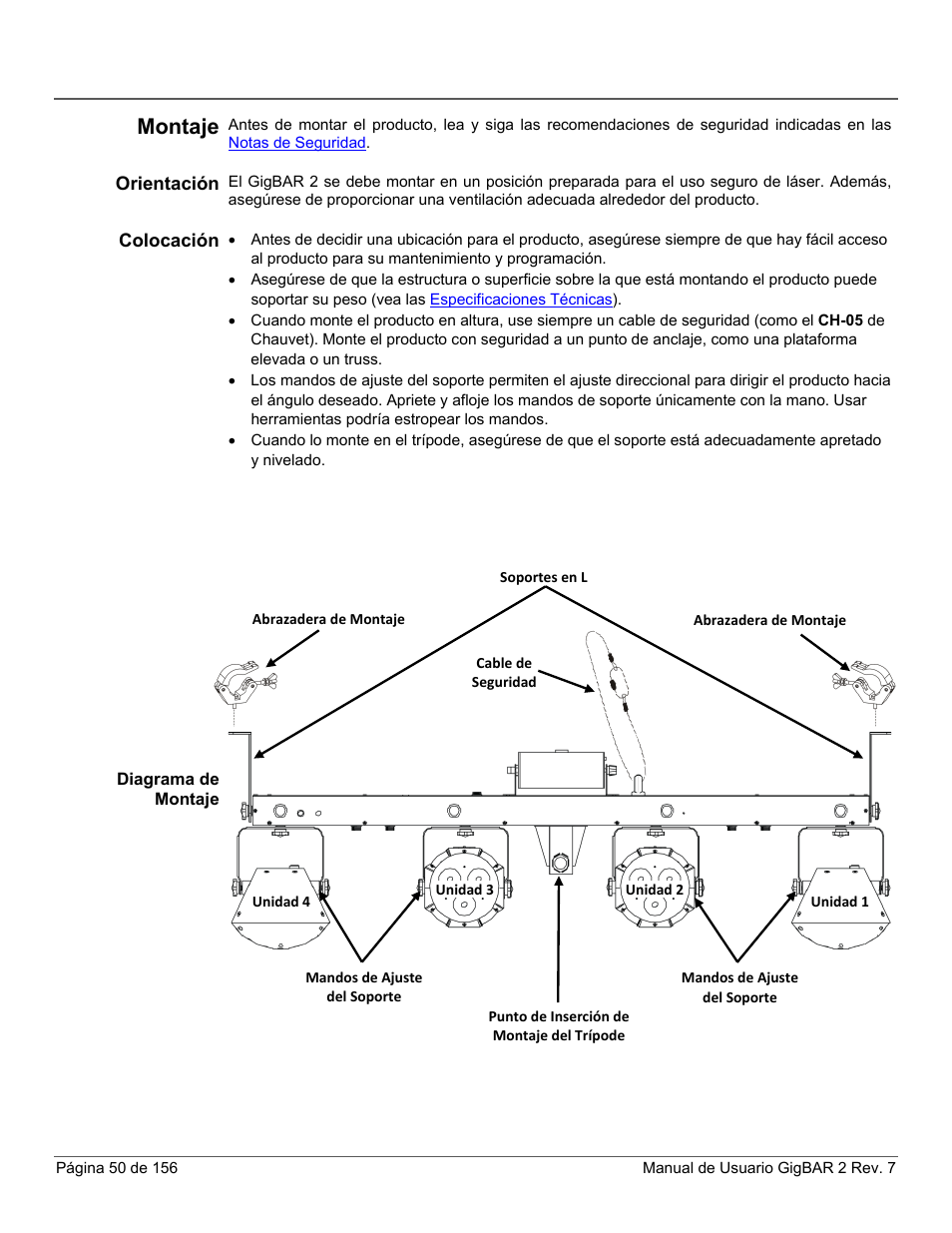 Montaje, Orientación, Colocación | Diagrama de montaje | CHAUVET DJ GigBAR 2 All-In-One Lighting System User Manual | Page 50 / 156