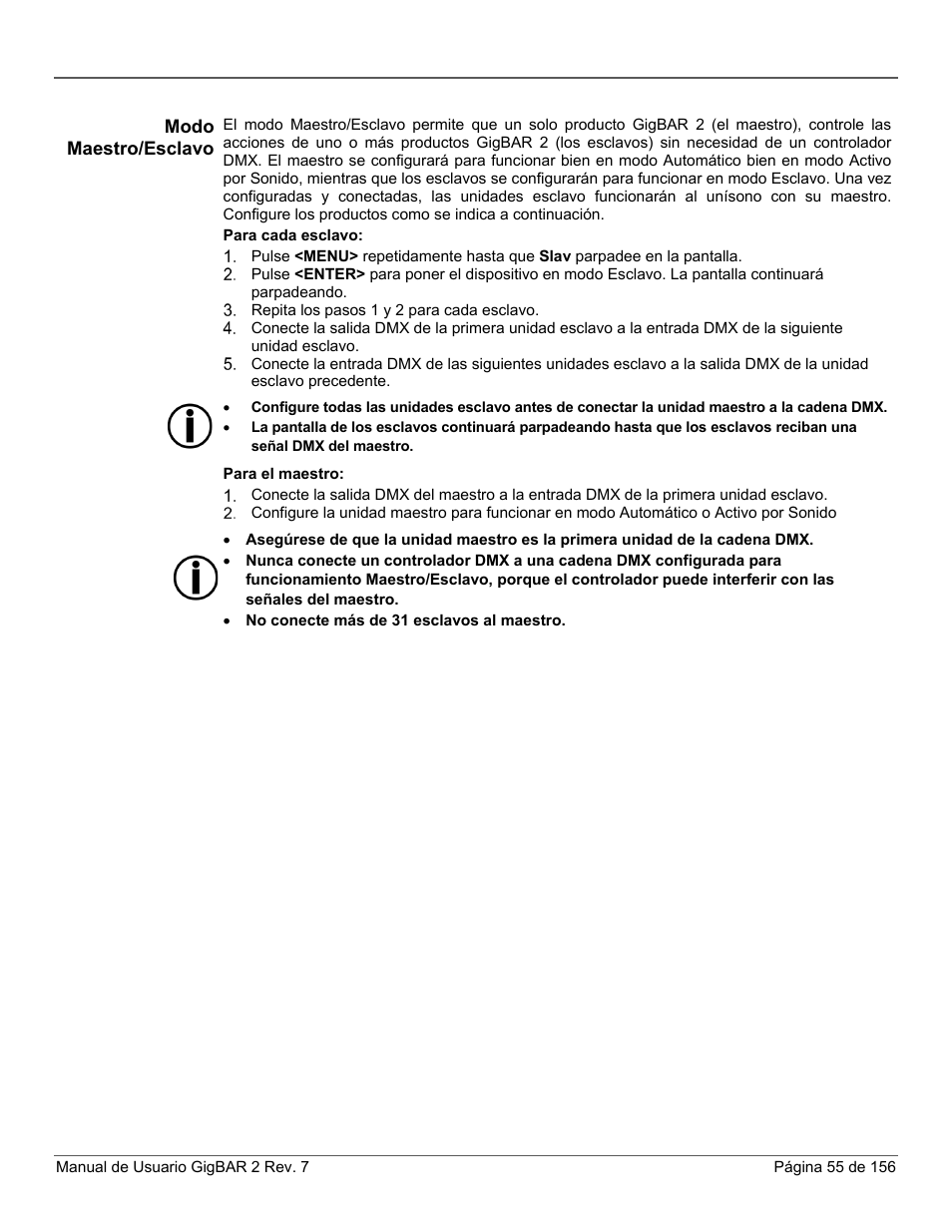 Modo maestro/esclavo | CHAUVET DJ GigBAR 2 All-In-One Lighting System User Manual | Page 55 / 156