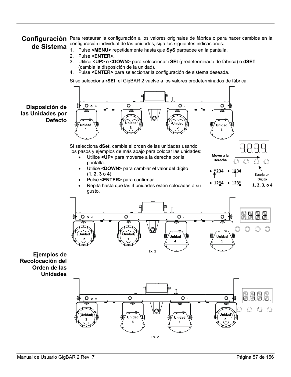 Configuración de sistema, Disposición de las unidades por defecto, Ejemplos de recolocación del orden de las unidades | CHAUVET DJ GigBAR 2 All-In-One Lighting System User Manual | Page 57 / 156