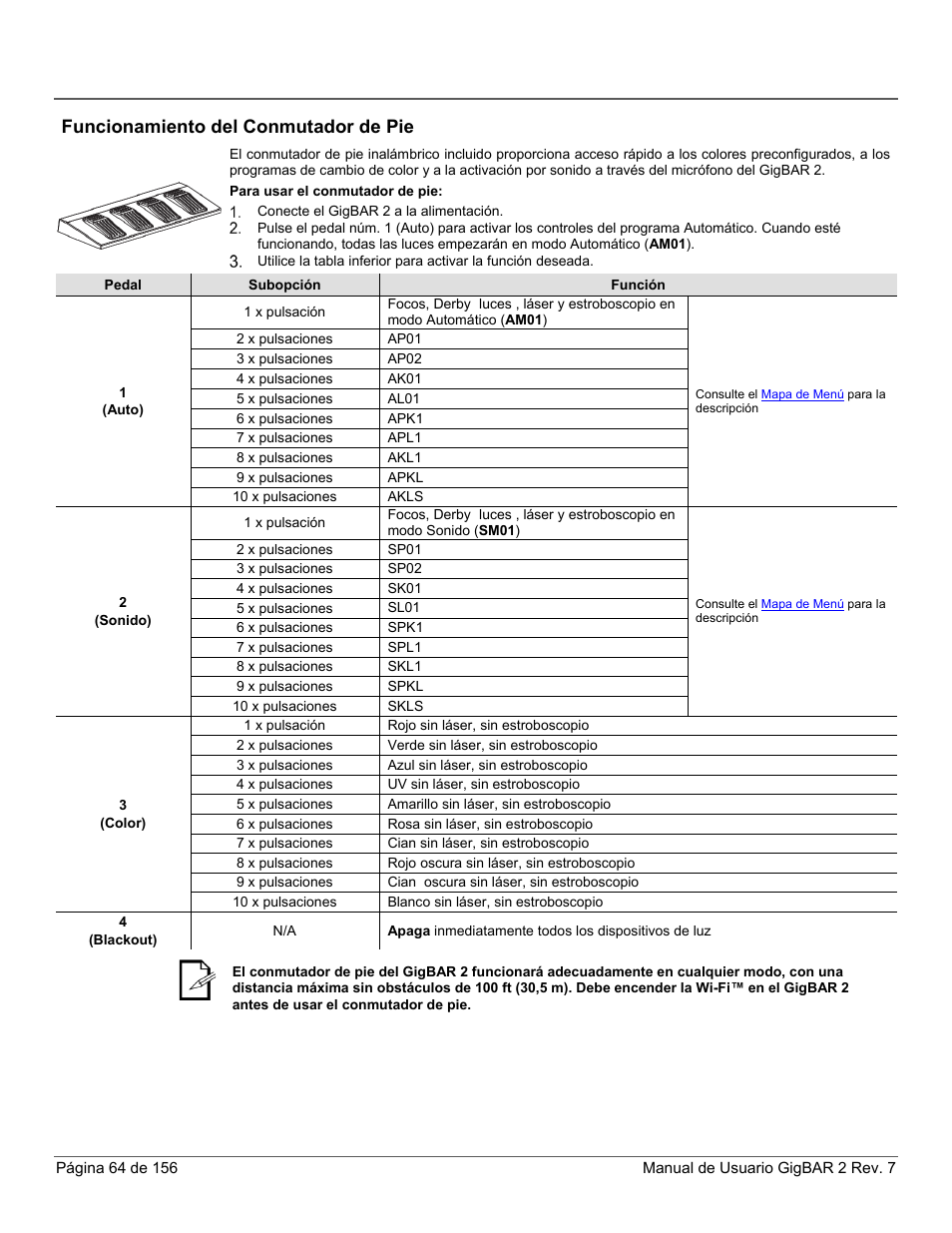 Funcionamiento del conmutador de pie | CHAUVET DJ GigBAR 2 All-In-One Lighting System User Manual | Page 64 / 156