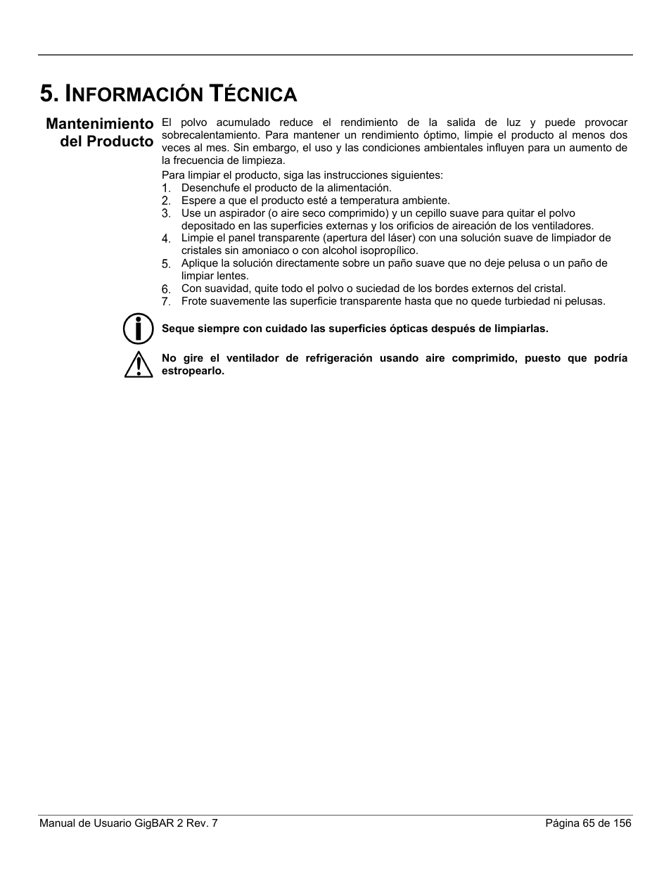 Información técnica, Mantenimiento del producto, Nformación | Écnica | CHAUVET DJ GigBAR 2 All-In-One Lighting System User Manual | Page 65 / 156