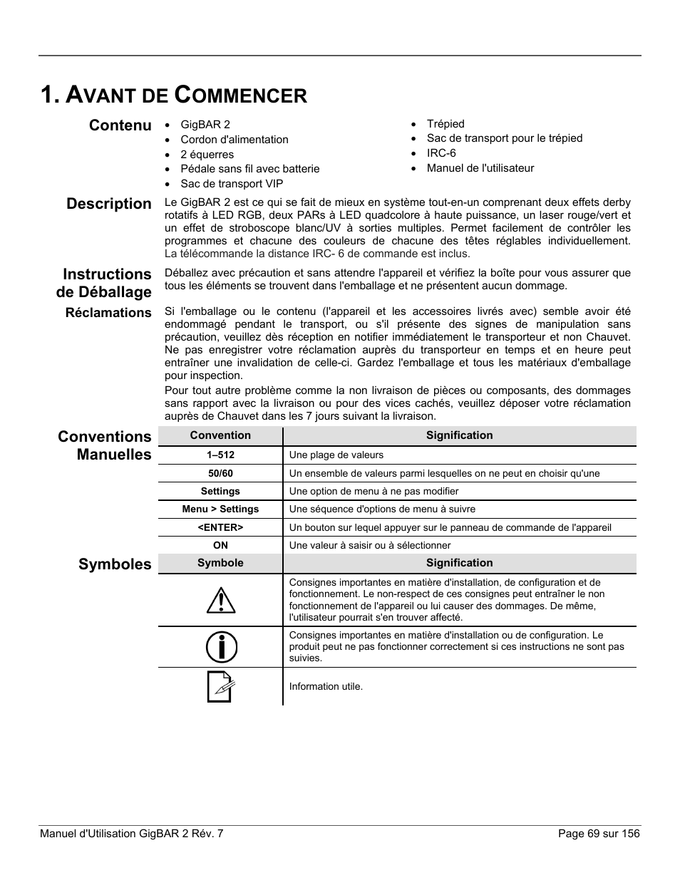 Avant de commencer, Contenu, Description | Instructions de déballage, Réclamations, Conventions manuelles, Symboles, Vant de, Ommencer | CHAUVET DJ GigBAR 2 All-In-One Lighting System User Manual | Page 69 / 156