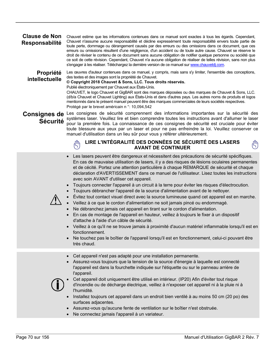 Clause de non responsabilité, Propriété intellectuelle, Consignes de sécurité | CHAUVET DJ GigBAR 2 All-In-One Lighting System User Manual | Page 70 / 156