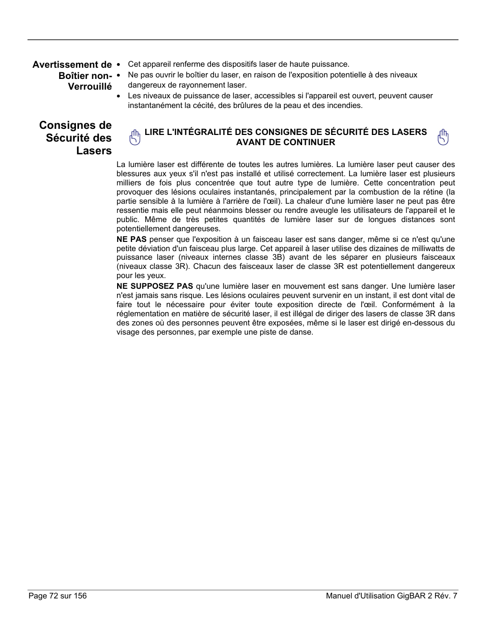 Avertissement de boîtier non-verrouillé, Consignes de sécurité des lasers | CHAUVET DJ GigBAR 2 All-In-One Lighting System User Manual | Page 72 / 156