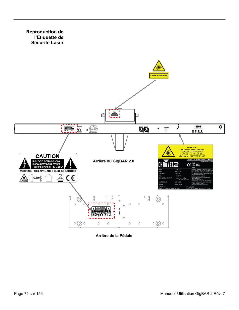 Reproduction de l'etiquette de sécurité laser | CHAUVET DJ GigBAR 2 All-In-One Lighting System User Manual | Page 74 / 156