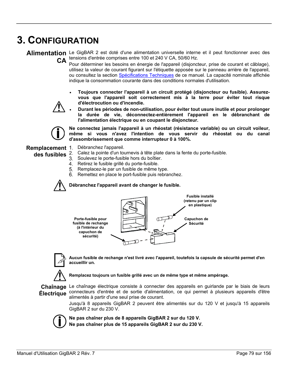 Configuration, Alimentation ca, Remplacement des fusibles | Chaînage électrique, Onfiguration | CHAUVET DJ GigBAR 2 All-In-One Lighting System User Manual | Page 79 / 156