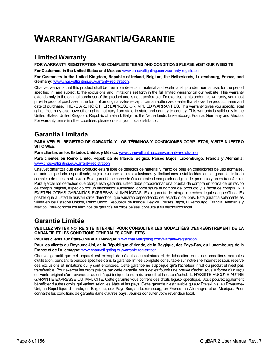 Warranty/garantía/garantie, Limited warranty, Garantía limitada | Garantie limitée, Arranty, Arantía, Arantie | CHAUVET DJ GigBAR 2 All-In-One Lighting System User Manual | Page 8 / 156