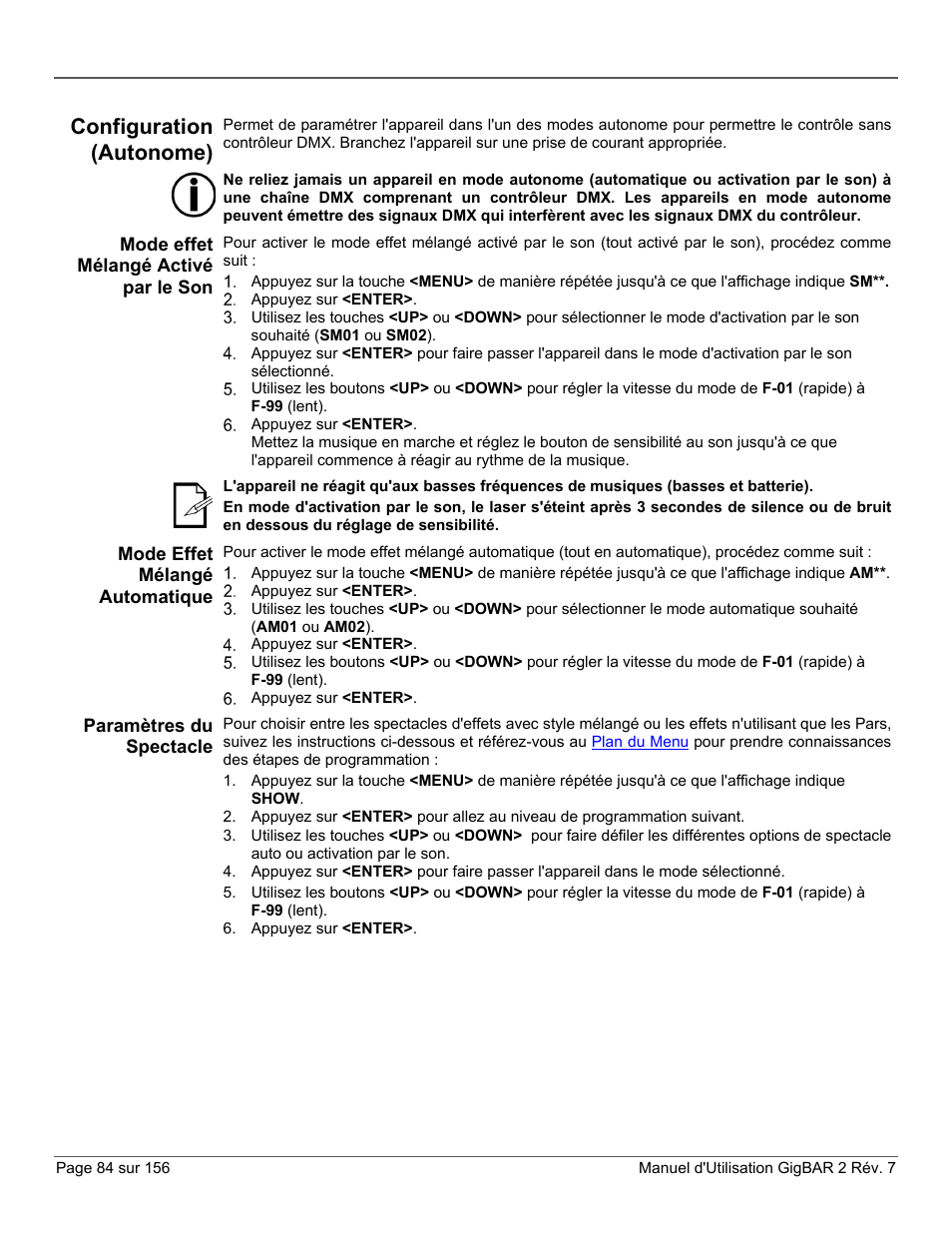 Configuration (autonome), Mode effet mélangé activé par le son, Mode effet mélangé automatique | Paramètres du spectacle | CHAUVET DJ GigBAR 2 All-In-One Lighting System User Manual | Page 84 / 156
