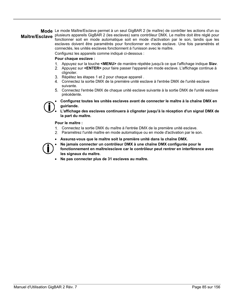 Mode maître/esclave | CHAUVET DJ GigBAR 2 All-In-One Lighting System User Manual | Page 85 / 156