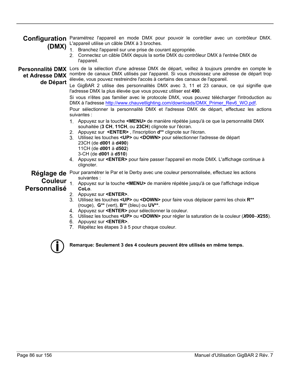 Configuration (dmx), Personnalité dmx et adresse dmx de départ, Réglage de couleur personnalisé | CHAUVET DJ GigBAR 2 All-In-One Lighting System User Manual | Page 86 / 156