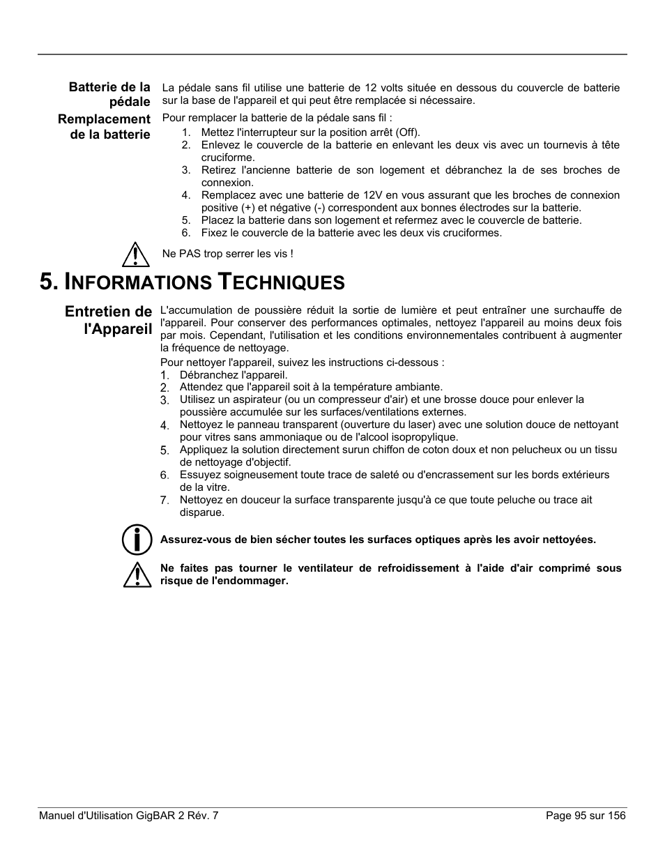 Batterie de la pédale, Remplacement de la batterie, Informations techniques | Entretien de l'appareil, Nformations, Echniques | CHAUVET DJ GigBAR 2 All-In-One Lighting System User Manual | Page 95 / 156