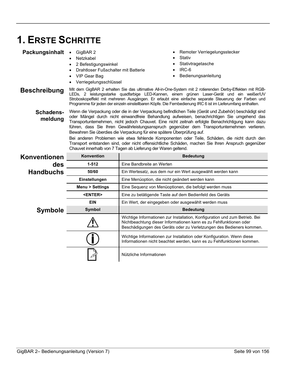 Erste schritte, Packungsinhalt, Beschreibung | Schadens-meldung, Konventionen des handbuchs, Symbole, Rste, Chritte | CHAUVET DJ GigBAR 2 All-In-One Lighting System User Manual | Page 99 / 156