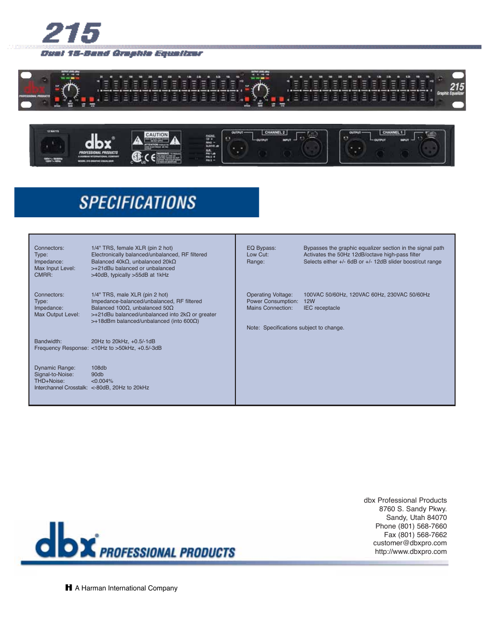 The professional’s choice in signal processing | dbx Pro 215 User Manual | Page 2 / 2