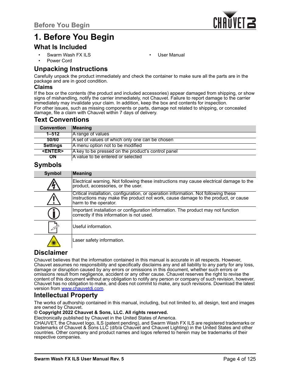 English, Before you begin, What is included | Unpacking instructions, Claims, Text conventions, Symbols, Disclaimer, Intellectual property, What is included unpacking instructions | CHAUVET DJ Swarm Wash FX ILS Derby, Wash, Laser, Strobe, Multi-Effects Fixture User Manual | Page 11 / 132