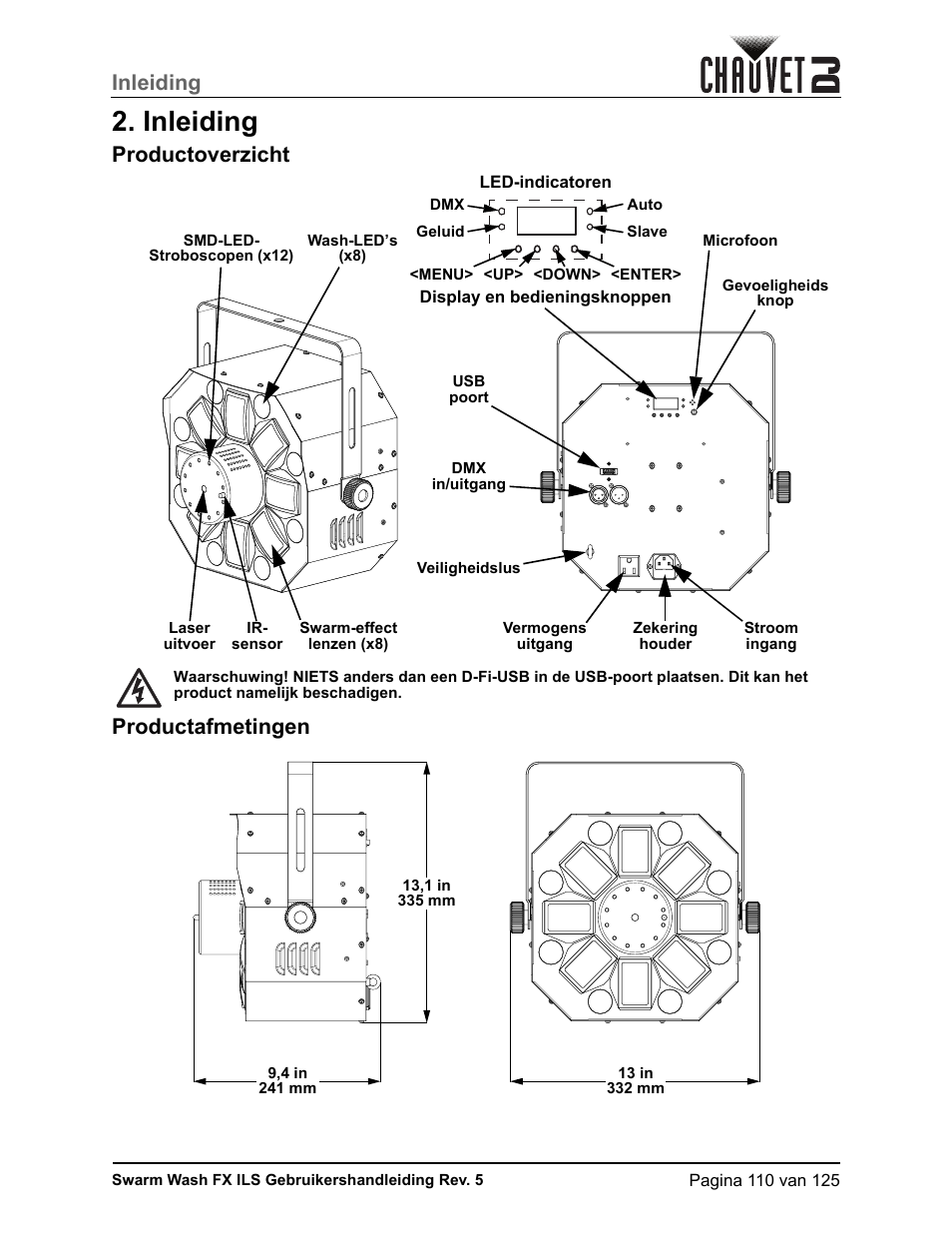 Inleiding, Productoverzicht, Productafmetingen | Productoverzicht productafmetingen | CHAUVET DJ Swarm Wash FX ILS Derby, Wash, Laser, Strobe, Multi-Effects Fixture User Manual | Page 117 / 132