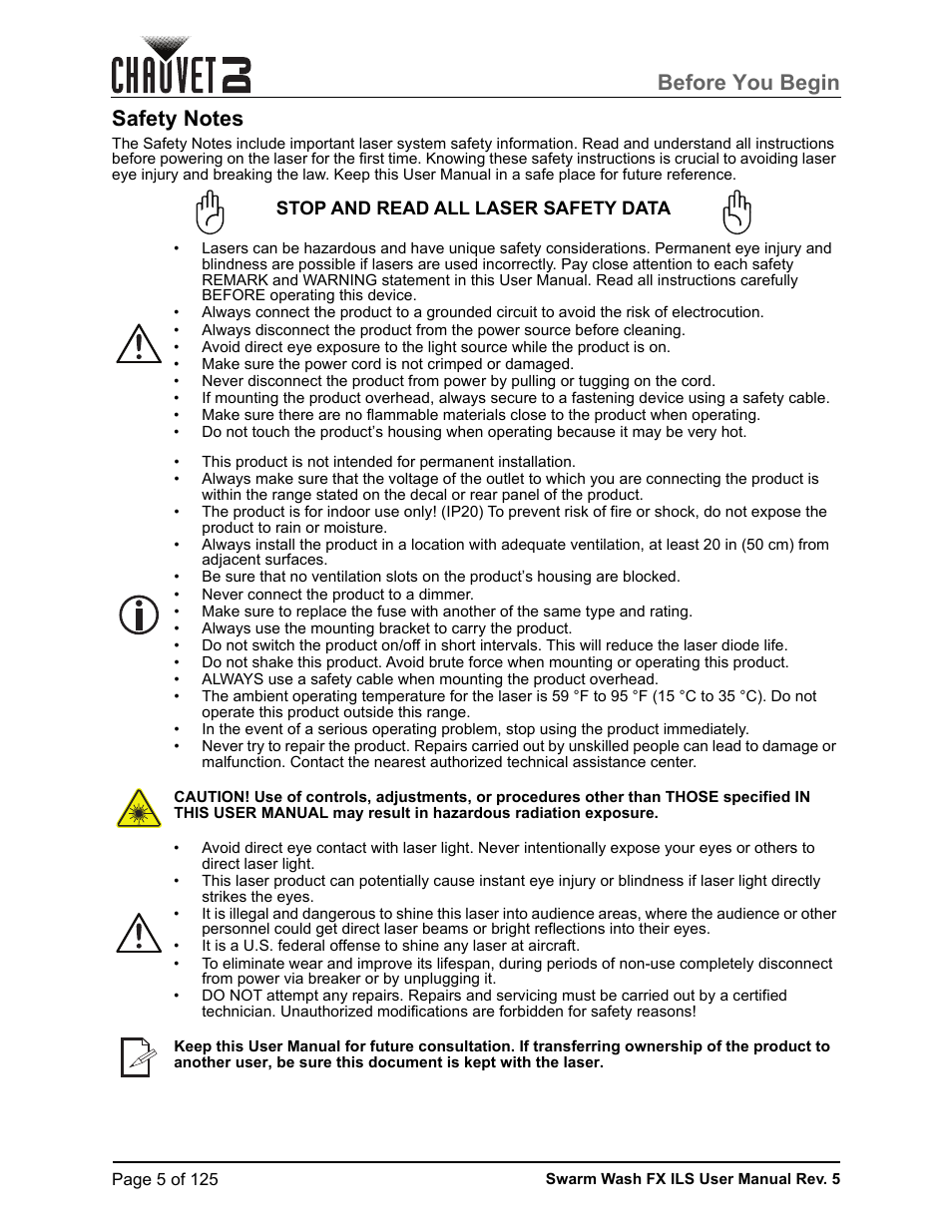 Safety notes, Before you begin | CHAUVET DJ Swarm Wash FX ILS Derby, Wash, Laser, Strobe, Multi-Effects Fixture User Manual | Page 12 / 132