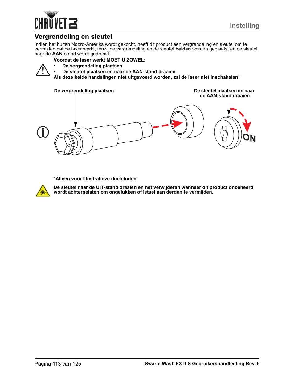 Vergrendeling en sleutel, Instelling | CHAUVET DJ Swarm Wash FX ILS Derby, Wash, Laser, Strobe, Multi-Effects Fixture User Manual | Page 120 / 132