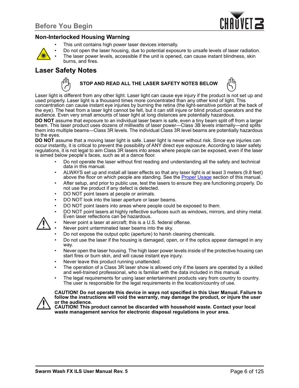 Non-interlocked housing warning, Laser safety notes, Before you begin | CHAUVET DJ Swarm Wash FX ILS Derby, Wash, Laser, Strobe, Multi-Effects Fixture User Manual | Page 13 / 132