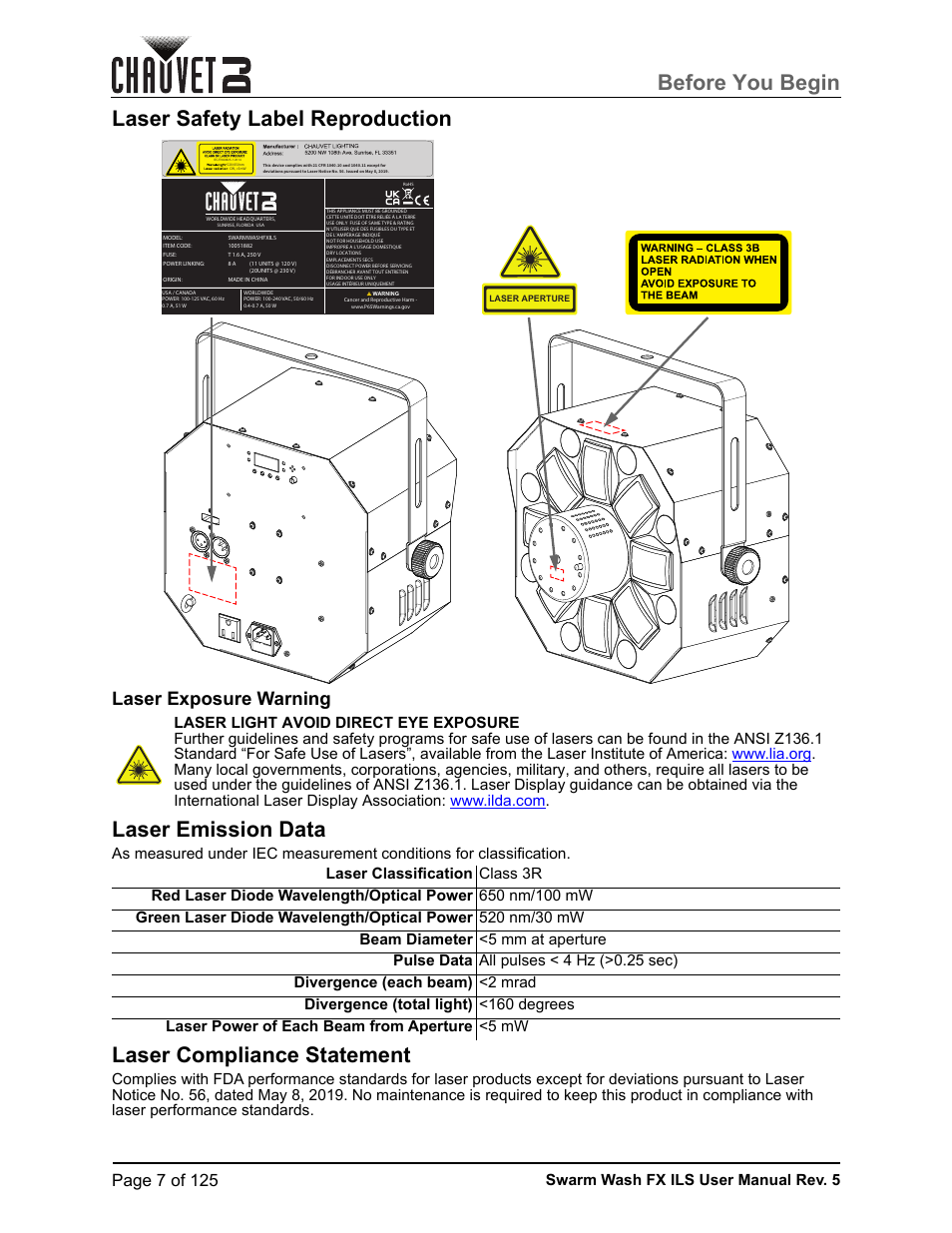 Laser safety label reproduction, Laser exposure warning, Laser emission data | Laser compliance statement, Before you begin, Page 7 of 125, Swarm wash fx ils user manual rev. 5 | CHAUVET DJ Swarm Wash FX ILS Derby, Wash, Laser, Strobe, Multi-Effects Fixture User Manual | Page 14 / 132
