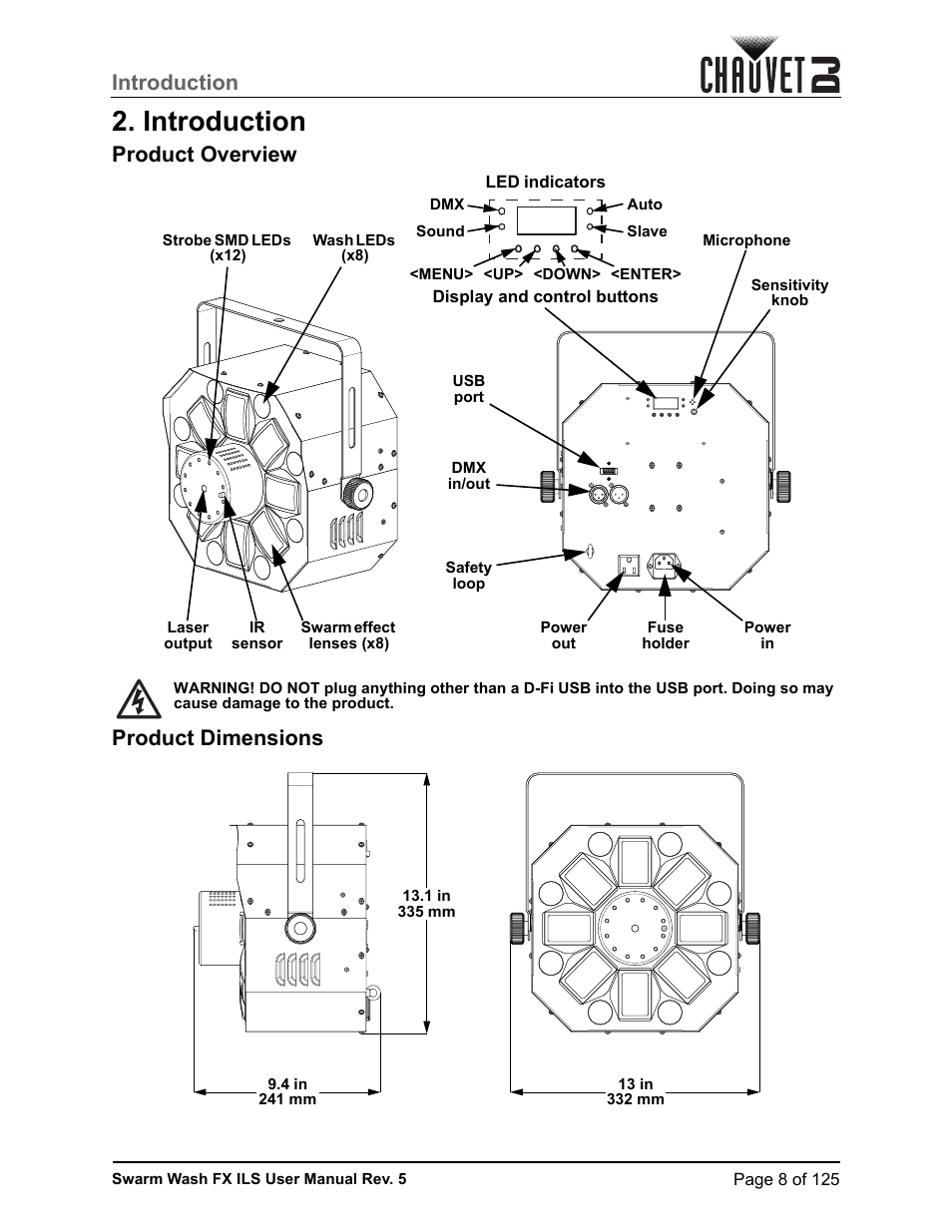 Introduction, Product overview, Product dimensions | Product overview product dimensions | CHAUVET DJ Swarm Wash FX ILS Derby, Wash, Laser, Strobe, Multi-Effects Fixture User Manual | Page 15 / 132