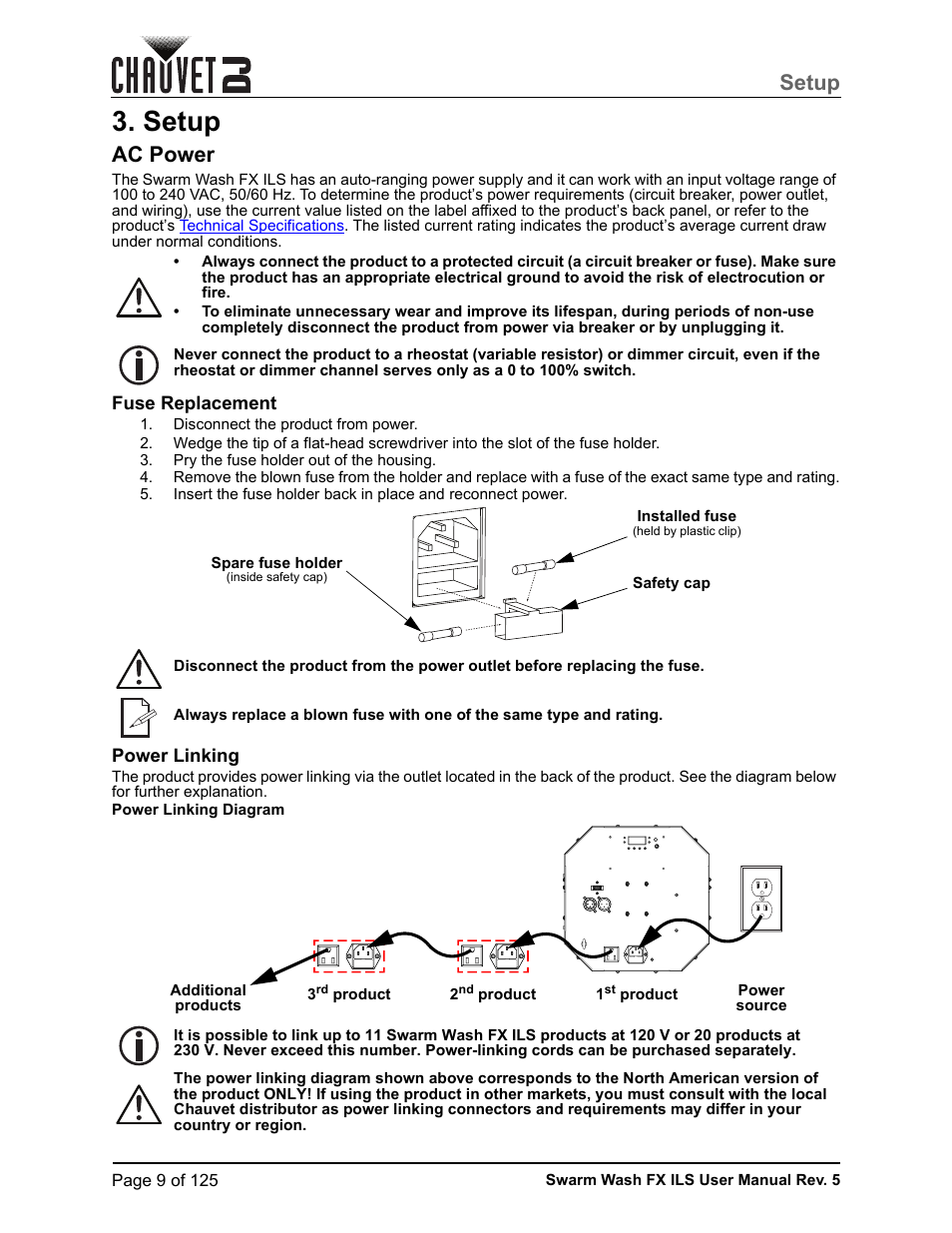 Setup, Ac power, Fuse replacement | Power linking | CHAUVET DJ Swarm Wash FX ILS Derby, Wash, Laser, Strobe, Multi-Effects Fixture User Manual | Page 16 / 132
