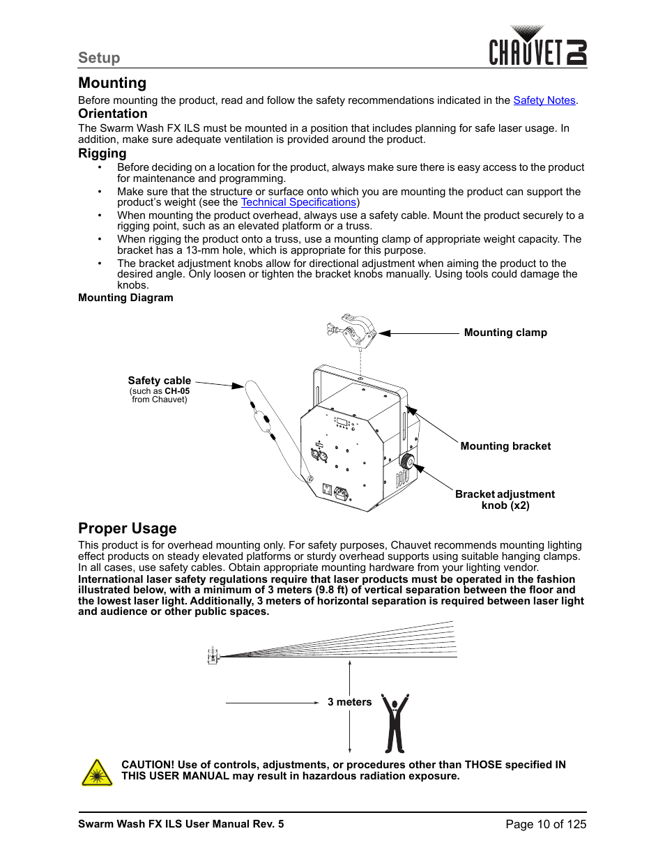 Mounting, Orientation, Rigging | Proper usage, Setup mounting | CHAUVET DJ Swarm Wash FX ILS Derby, Wash, Laser, Strobe, Multi-Effects Fixture User Manual | Page 17 / 132