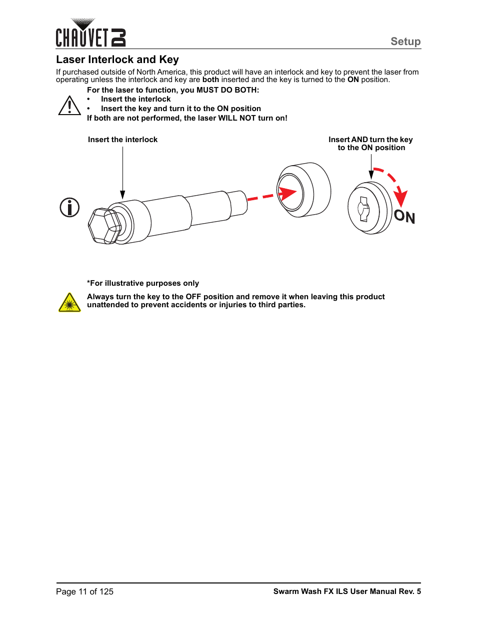 Laser interlock and key, Setup | CHAUVET DJ Swarm Wash FX ILS Derby, Wash, Laser, Strobe, Multi-Effects Fixture User Manual | Page 18 / 132