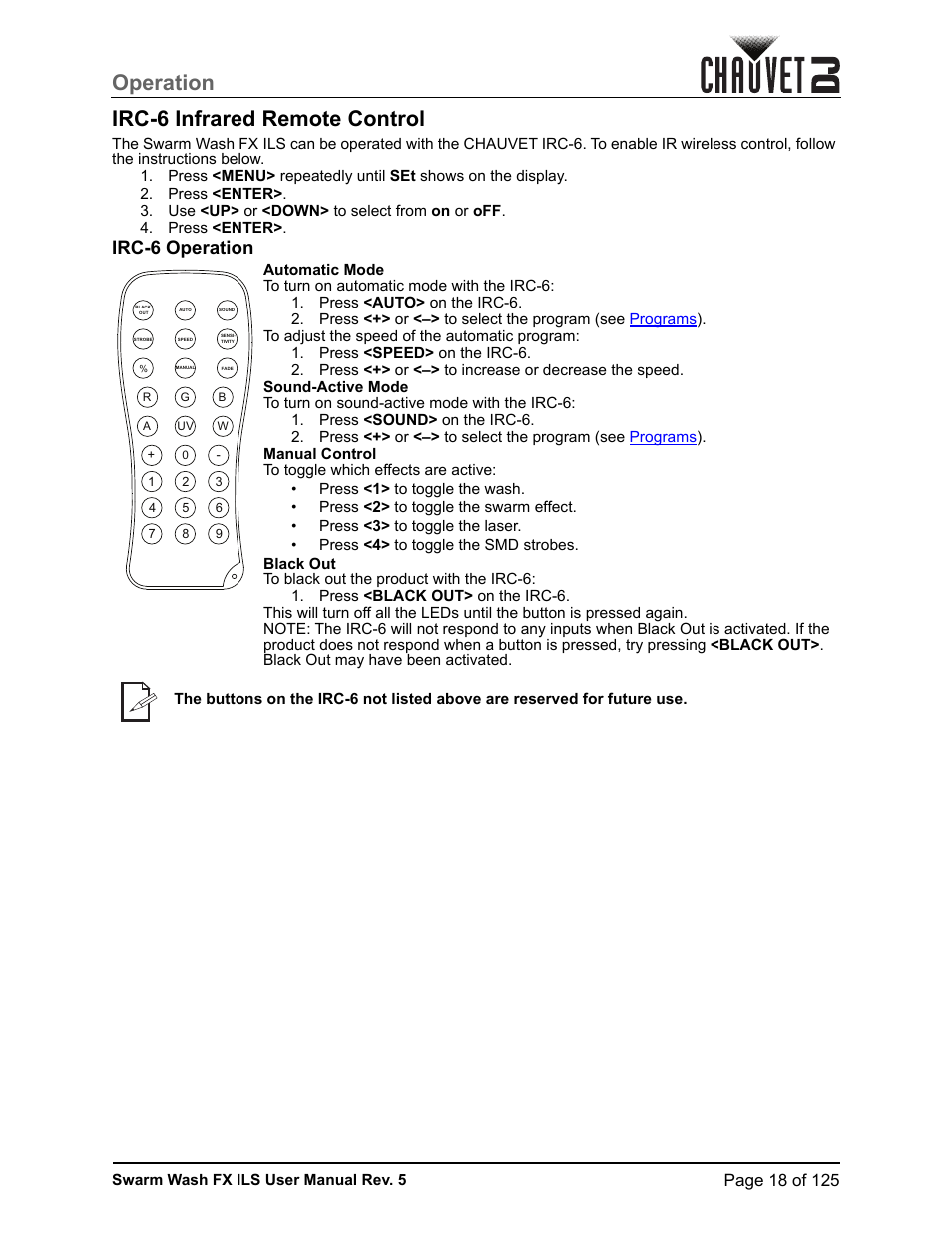 Irc-6 infrared remote control, Irc-6 operation, Operation irc-6 infrared remote control | CHAUVET DJ Swarm Wash FX ILS Derby, Wash, Laser, Strobe, Multi-Effects Fixture User Manual | Page 25 / 132