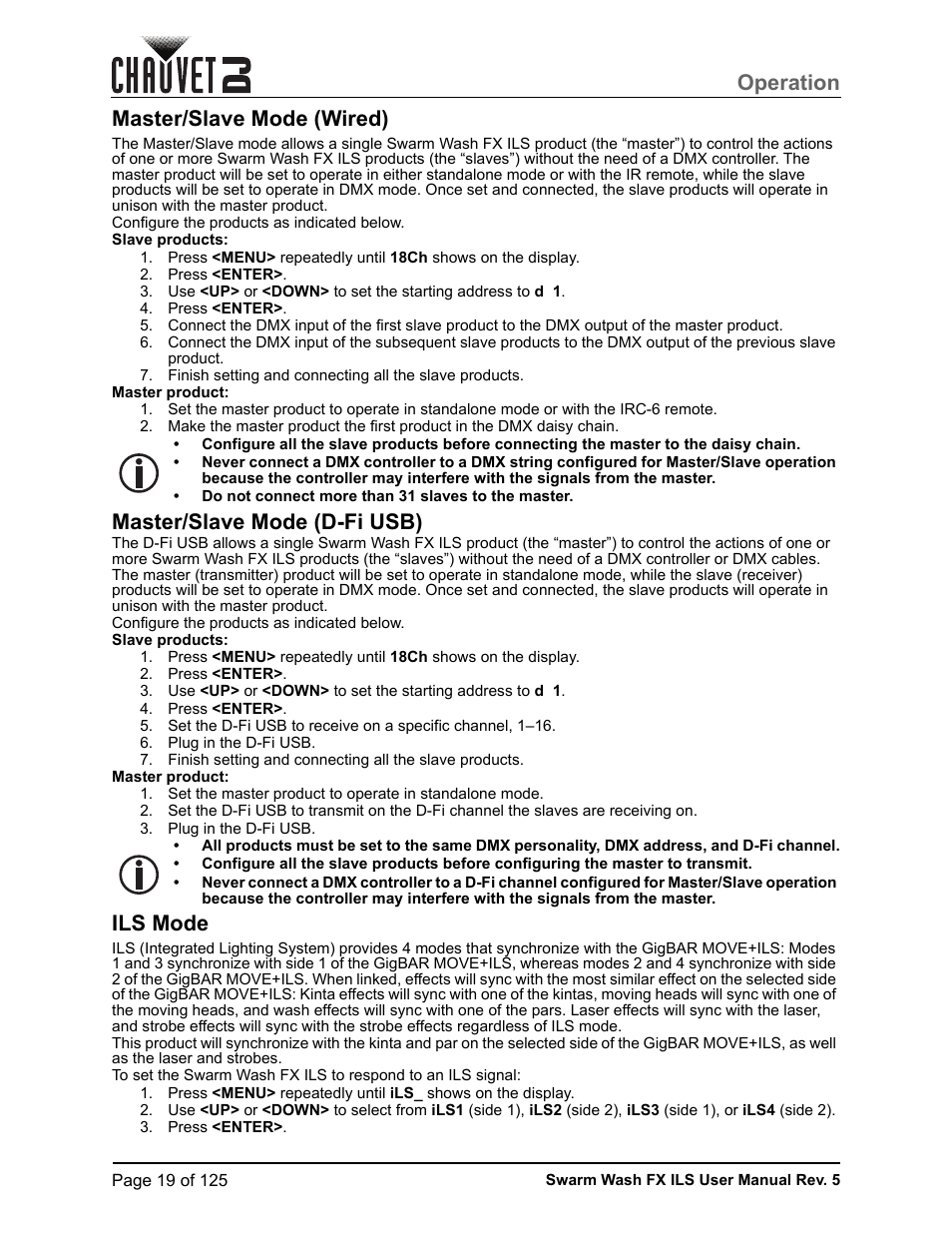 Master/slave mode (wired), Master/slave mode (d-fi usb), Ils mode | Operation | CHAUVET DJ Swarm Wash FX ILS Derby, Wash, Laser, Strobe, Multi-Effects Fixture User Manual | Page 26 / 132