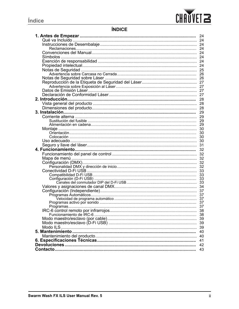 Índice | CHAUVET DJ Swarm Wash FX ILS Derby, Wash, Laser, Strobe, Multi-Effects Fixture User Manual | Page 3 / 132