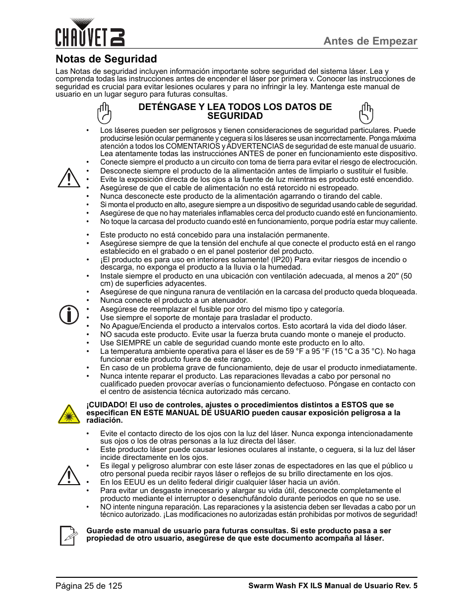 Notas de seguridad, Antes de empezar | CHAUVET DJ Swarm Wash FX ILS Derby, Wash, Laser, Strobe, Multi-Effects Fixture User Manual | Page 32 / 132