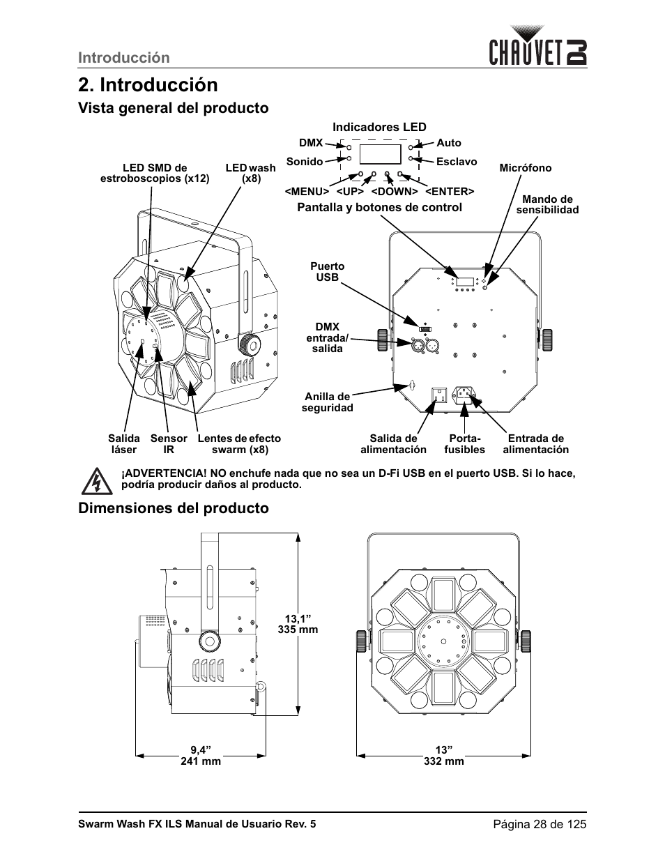 Introducción, Vista general del producto, Dimensiones del producto | CHAUVET DJ Swarm Wash FX ILS Derby, Wash, Laser, Strobe, Multi-Effects Fixture User Manual | Page 35 / 132