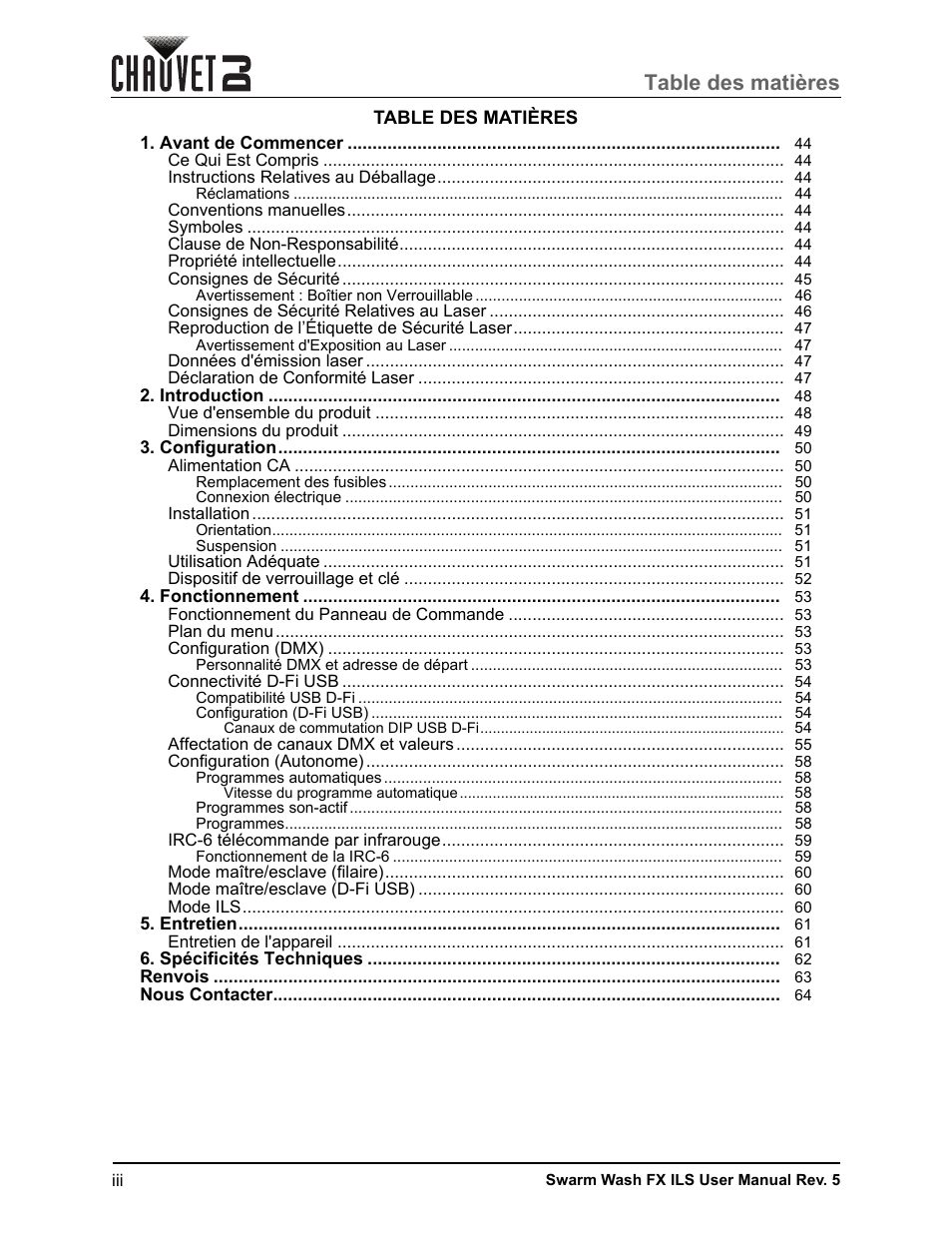 CHAUVET DJ Swarm Wash FX ILS Derby, Wash, Laser, Strobe, Multi-Effects Fixture User Manual | Page 4 / 132