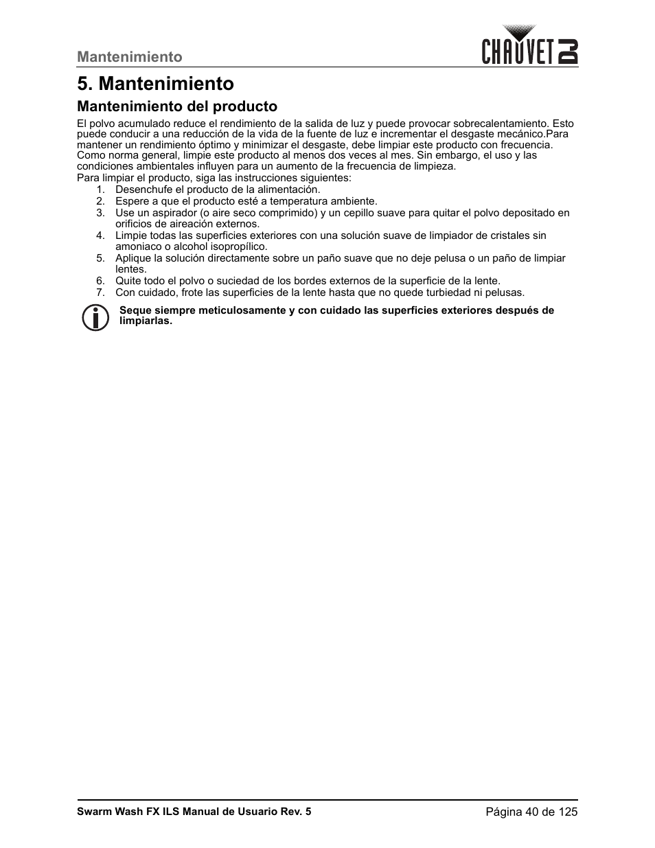 Mantenimiento, Mantenimiento del producto | CHAUVET DJ Swarm Wash FX ILS Derby, Wash, Laser, Strobe, Multi-Effects Fixture User Manual | Page 47 / 132