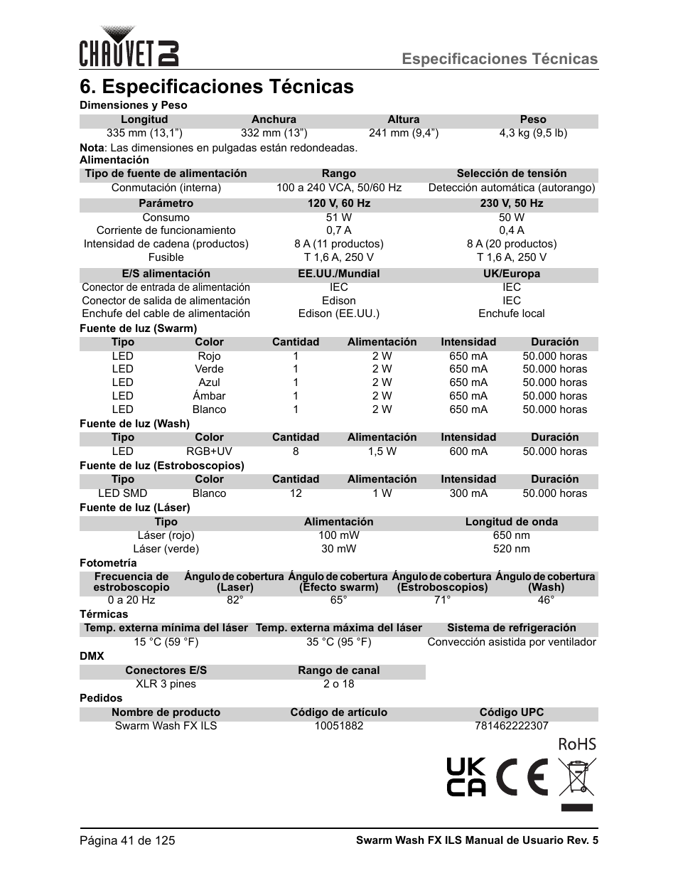 Especificaciones técnicas | CHAUVET DJ Swarm Wash FX ILS Derby, Wash, Laser, Strobe, Multi-Effects Fixture User Manual | Page 48 / 132
