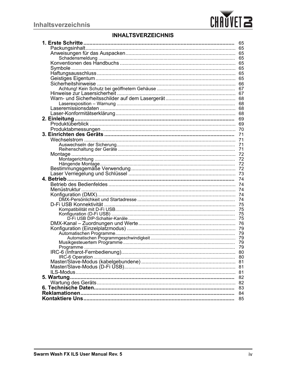 CHAUVET DJ Swarm Wash FX ILS Derby, Wash, Laser, Strobe, Multi-Effects Fixture User Manual | Page 5 / 132