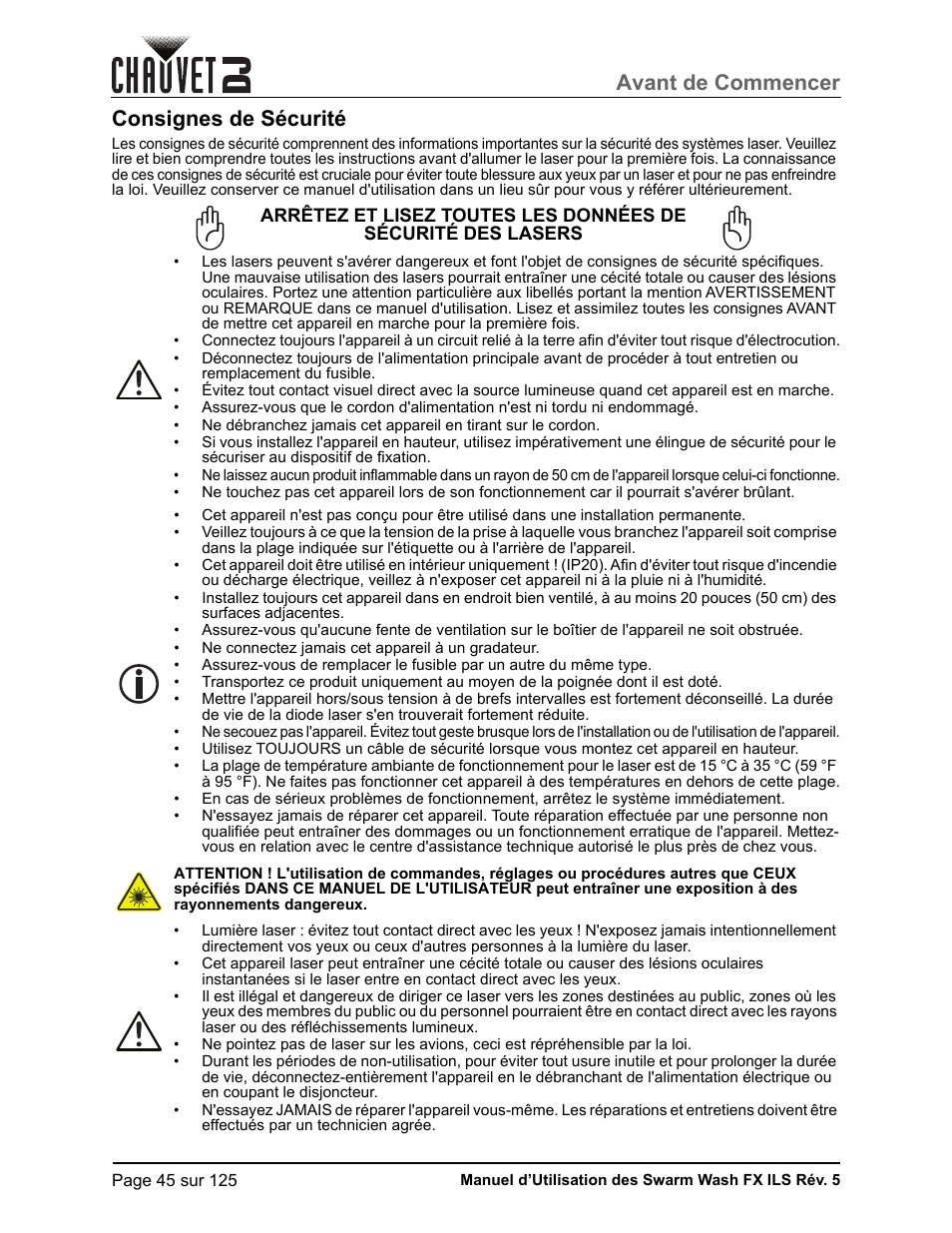 Consignes de sécurité, Avant de commencer | CHAUVET DJ Swarm Wash FX ILS Derby, Wash, Laser, Strobe, Multi-Effects Fixture User Manual | Page 52 / 132