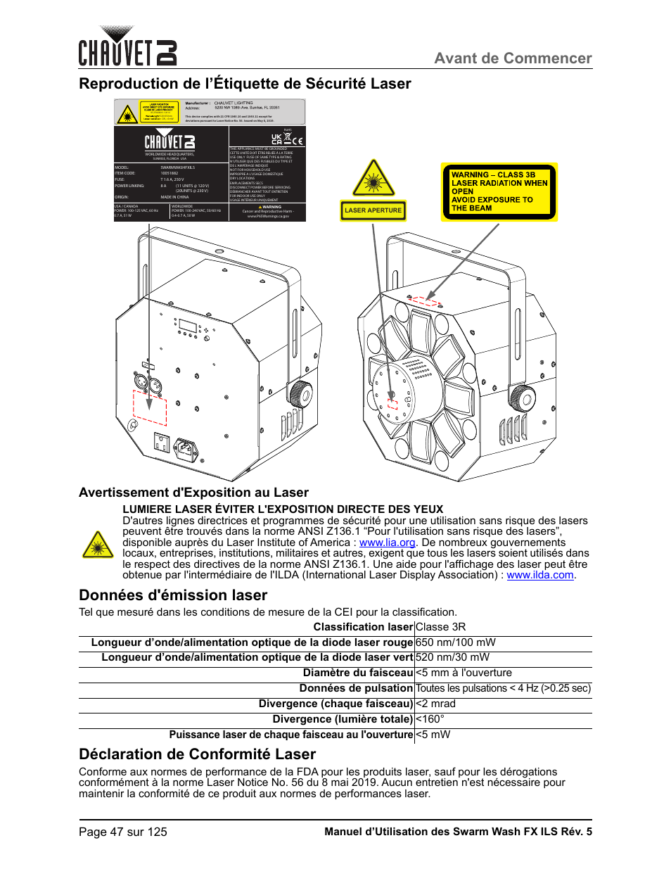 Reproduction de l’étiquette de sécurité laser, Avertissement d'exposition au laser, Données d'émission laser | Déclaration de conformité laser, Avant de commencer, Manuel d’utilisation des swarm wash fx ils rév. 5 | CHAUVET DJ Swarm Wash FX ILS Derby, Wash, Laser, Strobe, Multi-Effects Fixture User Manual | Page 54 / 132