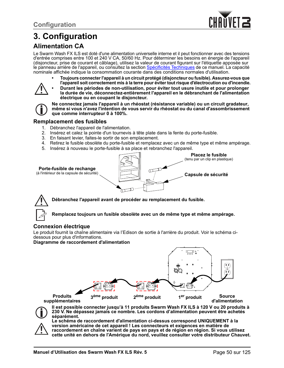 Configuration, Alimentation ca, Remplacement des fusibles | Connexion électrique | CHAUVET DJ Swarm Wash FX ILS Derby, Wash, Laser, Strobe, Multi-Effects Fixture User Manual | Page 57 / 132