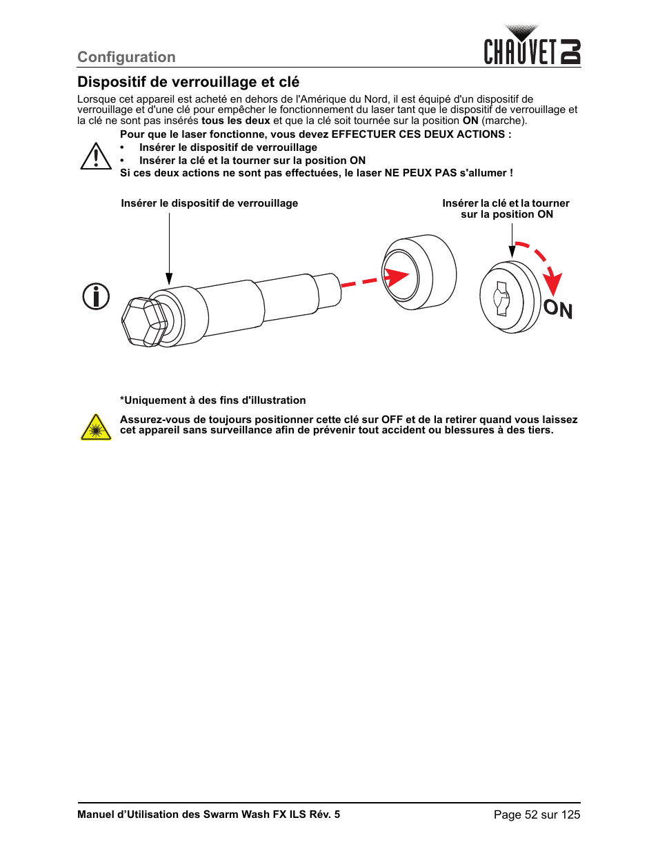 Dispositif de verrouillage et clé, Configuration dispositif de verrouillage et clé | CHAUVET DJ Swarm Wash FX ILS Derby, Wash, Laser, Strobe, Multi-Effects Fixture User Manual | Page 59 / 132