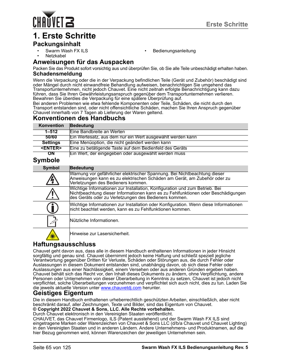 Deutsch, Erste schritte, Packungsinhalt | Anweisungen für das auspacken, Schadensmeldung, Konventionen des handbuchs, Symbole, Haftungsausschluss, Geistiges eigentum, Packungsinhalt anweisungen für das auspacken | CHAUVET DJ Swarm Wash FX ILS Derby, Wash, Laser, Strobe, Multi-Effects Fixture User Manual | Page 72 / 132