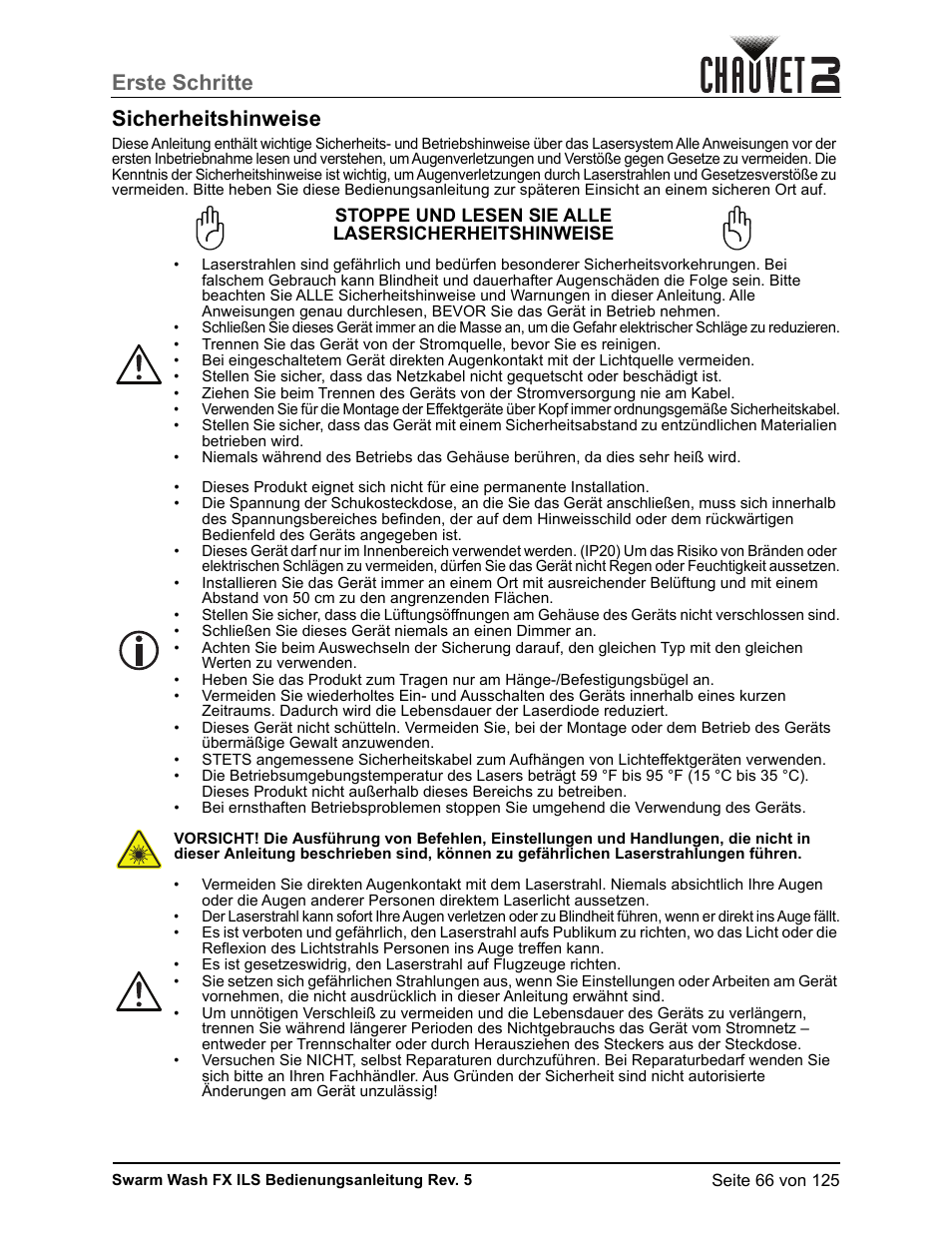 Sicherheitshinweise, Erste schritte sicherheitshinweise | CHAUVET DJ Swarm Wash FX ILS Derby, Wash, Laser, Strobe, Multi-Effects Fixture User Manual | Page 73 / 132