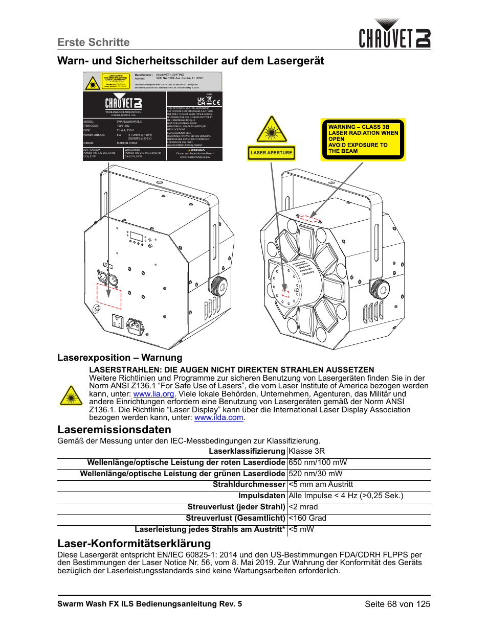 Warn- und sicherheitsschilder auf dem lasergerät, Laserexposition – warnung, Laseremissionsdaten | Laser-konformitätserklärung, Swarm wash fx ils bedienungsanleitung rev. 5 | CHAUVET DJ Swarm Wash FX ILS Derby, Wash, Laser, Strobe, Multi-Effects Fixture User Manual | Page 75 / 132