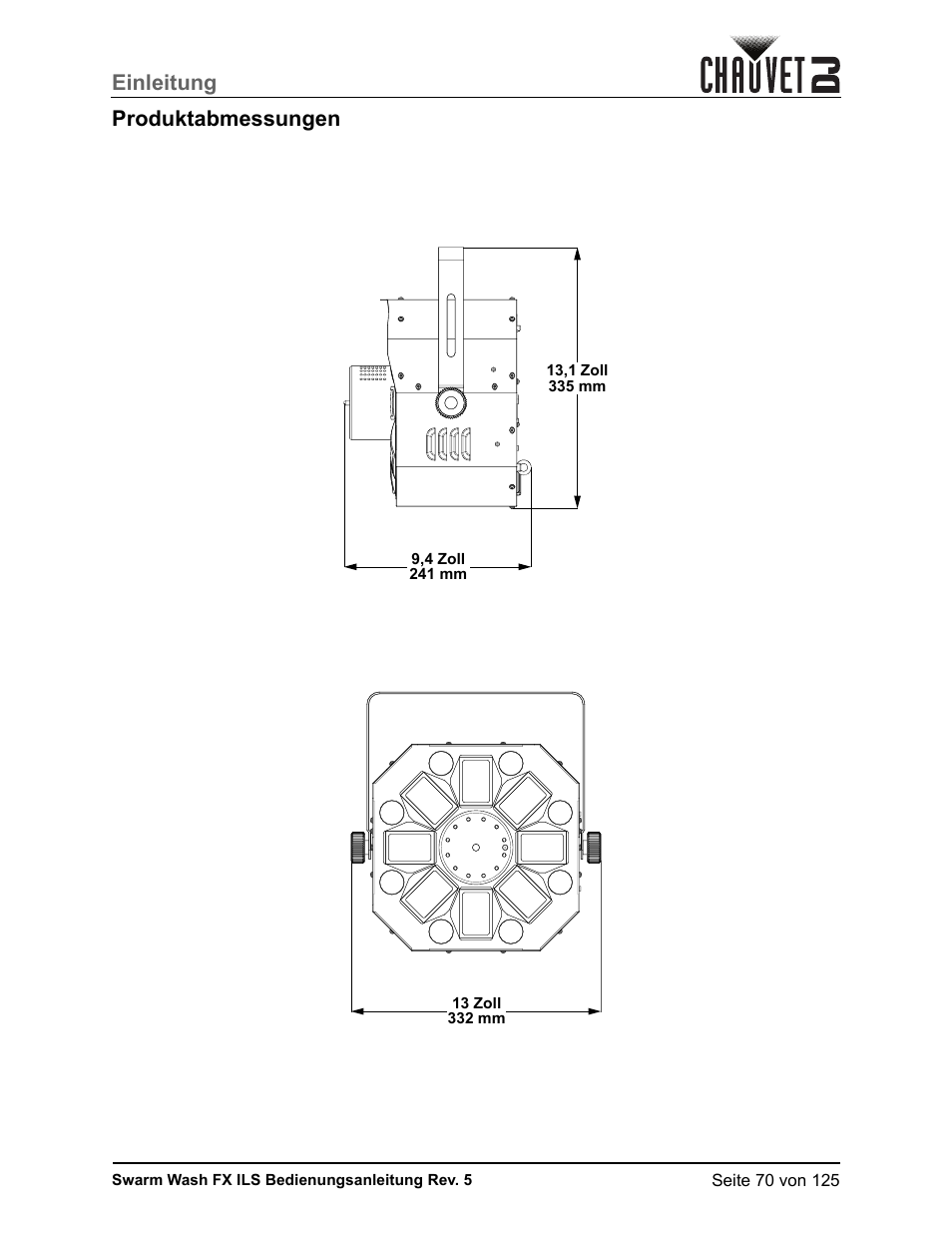 Produktabmessungen, Einleitung produktabmessungen | CHAUVET DJ Swarm Wash FX ILS Derby, Wash, Laser, Strobe, Multi-Effects Fixture User Manual | Page 77 / 132